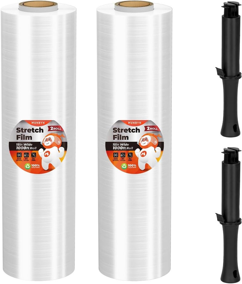MUNBYN Shrink Wrap, Stretch Wrap with Handles, Stretch Film Roll Industrial Strength, Plastic Wrap for Pallet Wrapping Shipping Moving, 15 Inch x 1000 Ft, 2 Pack, 60 Gauge - Image 1